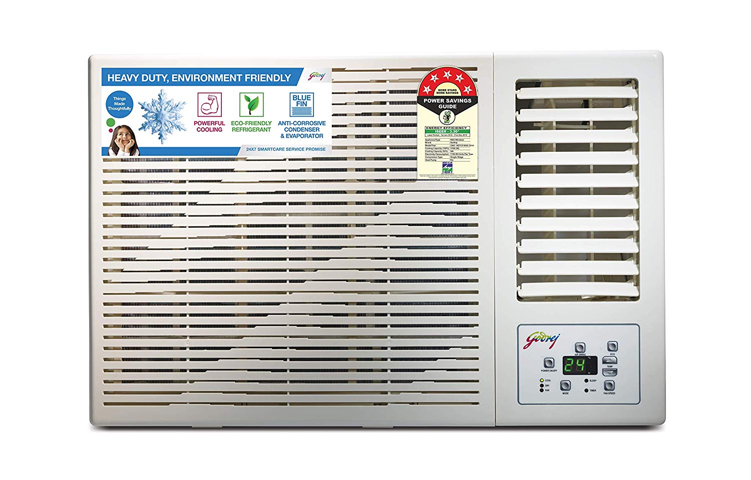 Window AC; 1.5 ton capacity
Energy Rating: 5 Star
Warranty: 1 year on product, 1 year on condenser, 5 years on compressor
100% COPPER CONDENSER
POWERFUL COOLING
ANTI-DUST FILTER
Cool/Auto/Dry/Fan/Sleep/ECO
5 YEAR WARRANTY ON COMPRESSOR FIXED SPEED COMPRESSOR
SILENT OPERATION