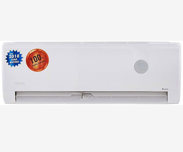 Split AC with inverter compressor: Variable speed compressor which adjusts power depending on heat load. It is most energy efficient and has lowest-noise operation
Capacity: 1 Ton. Suitable for small sized rooms (< = 110 sq ft)
Energy Rating: 3 Star. Annual Energy Consumption: 780.27 units. ISEER Value: 3.57 (Please refer energy label on product page or contact brand for more details)
Manufacturer Warranty : 1 year on product, 1 year on condenser, 5 years on compressor
Copper Condenser Coil: Better cooling and requires low maintenance
Special Features: Anti-Bacterial Filter;Dust Filter
Refrigerant gas: R32. Environment friendly - no ozone depletion potential and low global warming potential
Included in the box: Indoor Unit, Outdoor Unit, Remote Control, User manual, Warranty Card

Brand	Onida
Model	IR123IRS
Energy Efficiency	3 Star Rating
Capacity	1 tons
Noise Level	33 dB
Installation Type	Split
Special Features	Inverter, Anti-bacterial Filter, dust_filter
Colour	Iris
Control Console	Remote Control
Voltage	230 Volts
Material	Plastic
Included Components	Indoor unit, Outdoor Unit, Remote controller, Manual, Copper connecting piping, connecting cable, water drain pipe